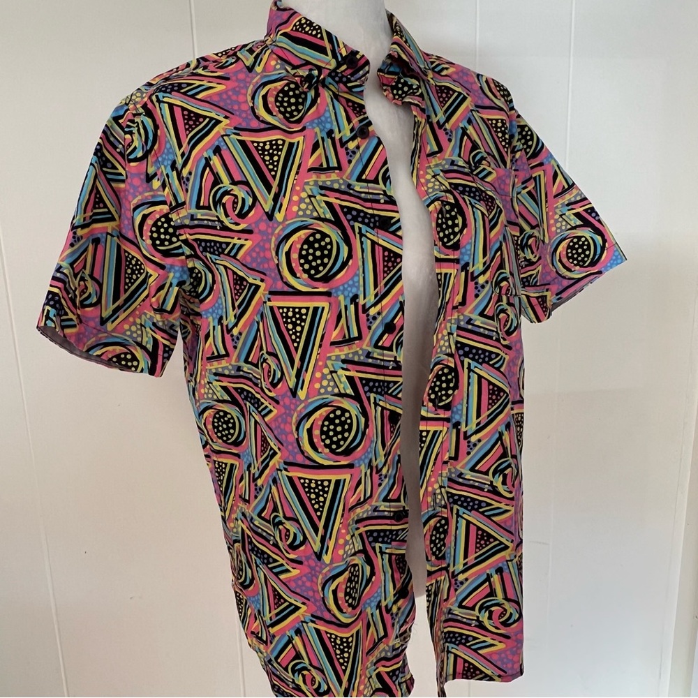 Super Massive retro 90’s Vapor Wave collared colorful geometric shirt cotton S - Picture 5 of 8